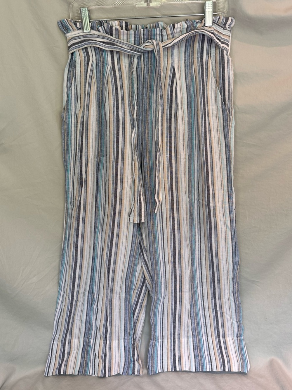 Wide Leg Linen Blend Cropped Woven Pant Tie Front Size M